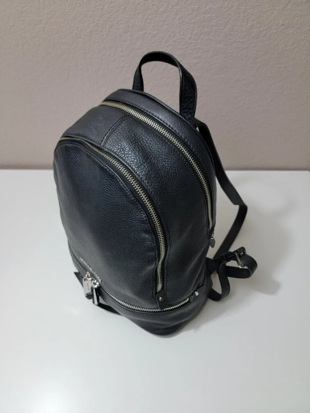 Michael Kors Rhea Medium Black Pebbled Leather Backpack Bag Silver 30S5SEZB1L